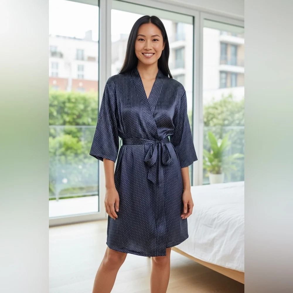CABERNET Navy Polka Dot 3/4 Sleeve Short Belted Wrap Front Bathrobe